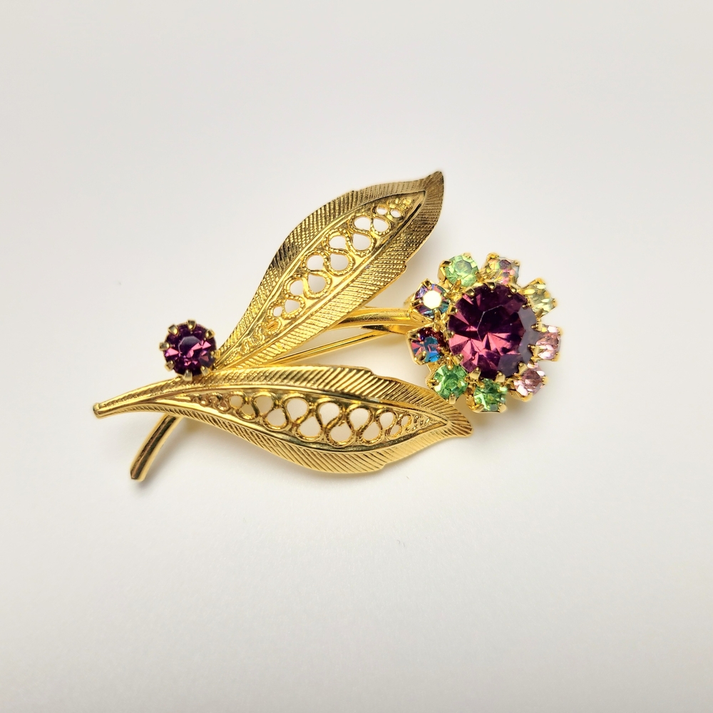Vintage Gold Tone Floral Brooch Purple Pink AB Rhinestone Pin